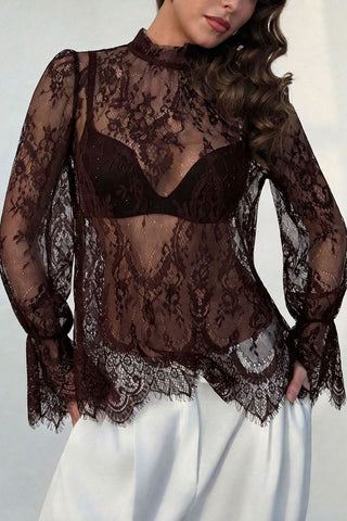 Sheer Floral Lace Mock Neck Bell Sleeve Blouse
