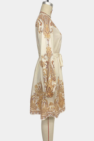 Belted Paisley Print Casual Dress