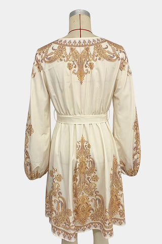 Belted Paisley Print Casual Dress