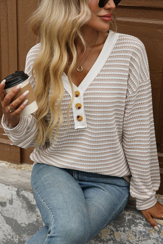 V-Neck Buttoned Striped T-Shirt