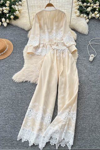 Lace Button-Up Pants Set