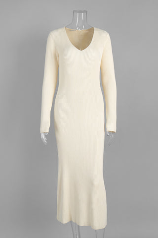 Ribbed V-Neck Long Sleeve Midi Dress