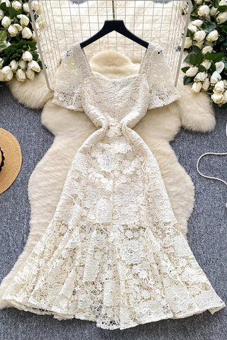 Square Neck Lace Midi Dress