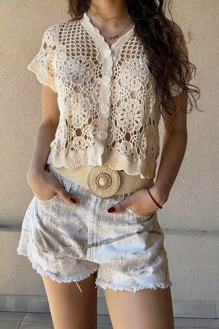 Button-Front Crochet T-Shirt