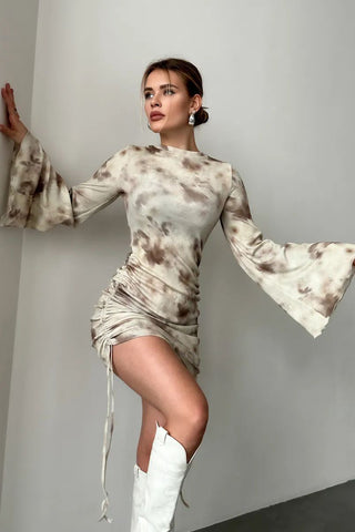 Ruched Floral Long-Sleeve Casual Dress