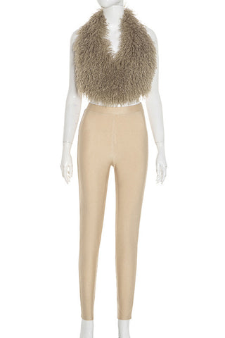 Chic Sleeveless Fuzzy Vest and Pants Set