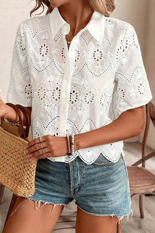 Eyelet Floral Button-Up Blouse