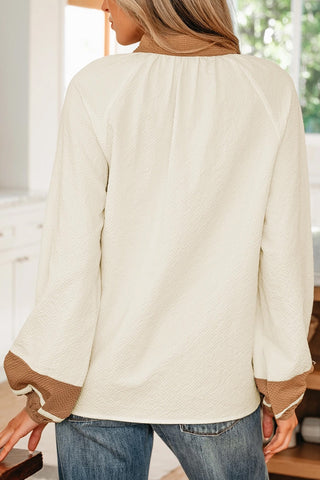 Color Block Patchwork V Neck Blouse
