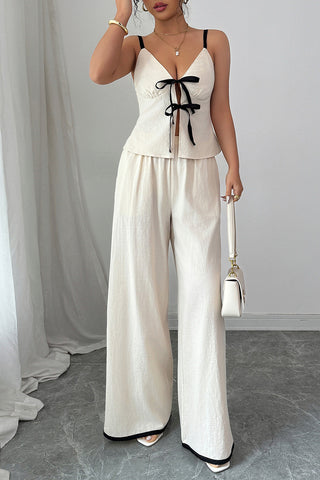 Lace-Up Top and Wide-Leg Pants Set