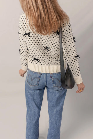 Ribbed Crew Neck Sweater with Bow Detail