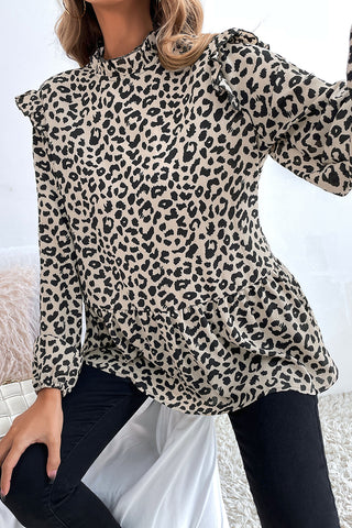 Ruffle-Shoulder Leopard Blouse
