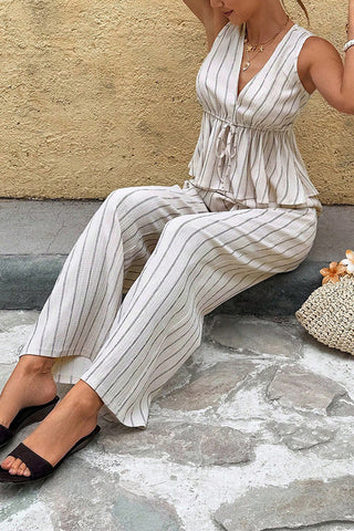 Sleeveless Striped Peplum Pants Set