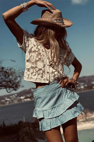 Button-Front Lace Short Sleeve Blouse