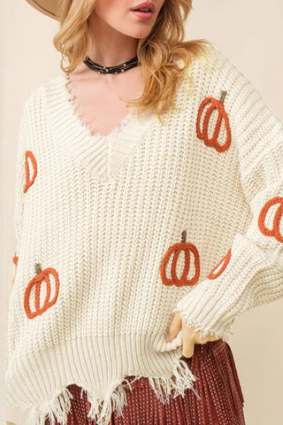 Pumpkin Pattern Frayed Sweater