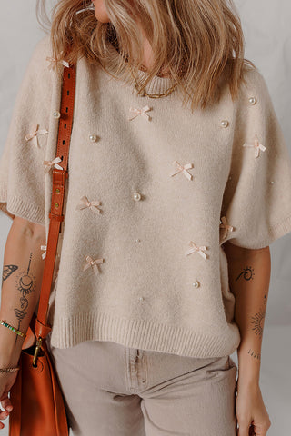 Embellished Sweater with Bow and Pearl Accents