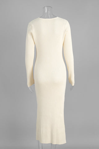 Ribbed V-Neck Long Sleeve Midi Dress