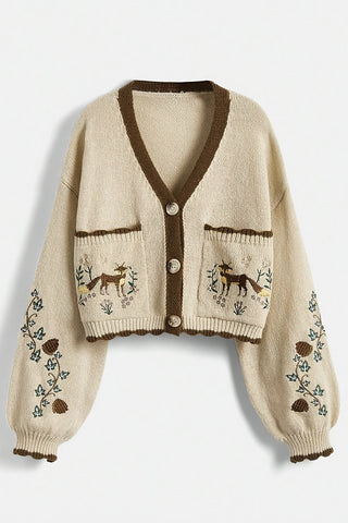 Fox Motif Cropped Cardigan