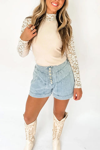 Floral Lace Patchwork High Neck Slim Top