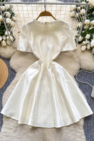 Pearl Trim Puff Sleeve Dress