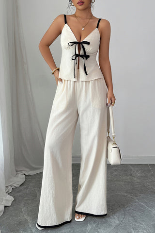 Lace-Up Top and Wide-Leg Pants Set