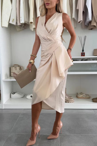 Wrap V-Neck Midi Dress with Draped Design