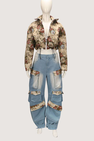 Floral Cropped Jacket with Drawstring Hem
