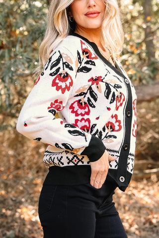 Floral Print Buttoned V Neck Cardigan