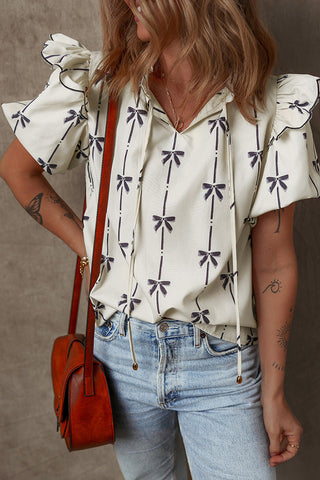 Bow Print Flutter Sleeve Blouse