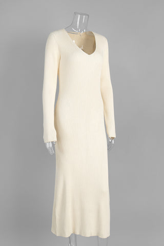 Ribbed V-Neck Long Sleeve Midi Dress