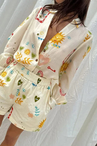 Playful Patterned Casual Shorts Set