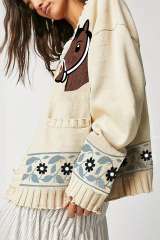 Horse Motif Cardigan with Floral Accents