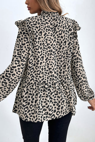 Ruffle-Shoulder Leopard Blouse