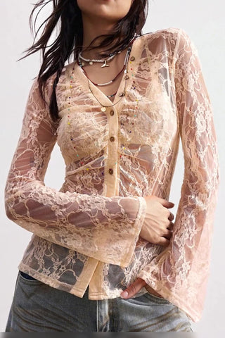 Sheer Lace Button-Front Blouse