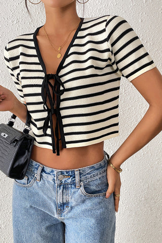 Striped Tie-Front Cropped Sweater