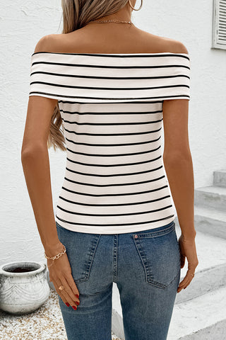 Off-Shoulder Striped T-Shirt with Flower Accent