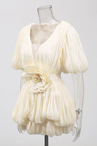Pleated Puff-Sleeve Mini Evening Dress