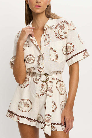 Paisley Print Belted Shirt Romper