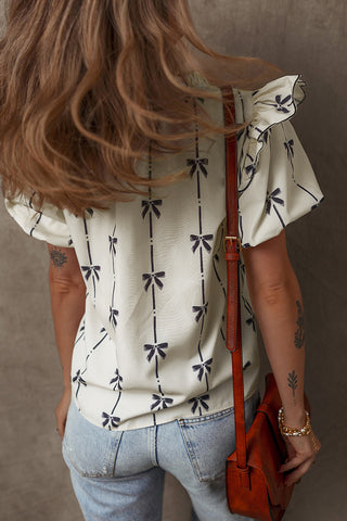 Bow Print Flutter Sleeve Blouse