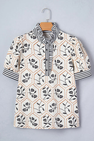 Patterned Floral Shirt with Striped Collar
