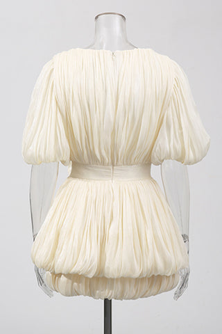 Pleated Puff-Sleeve Mini Evening Dress