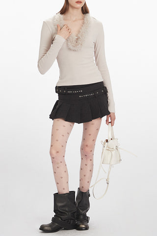 Fuzzy-Trim Long Sleeve Top
