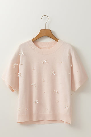 Embellished Sweater with Bow and Pearl Accents