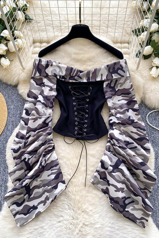 Off-Shoulder Lace-Up Blouse