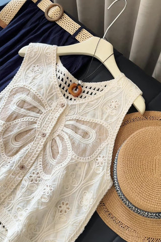 Buttoned Lace Top with Crochet Details