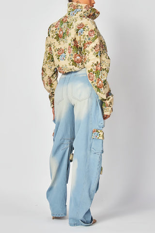 Floral Cropped Jacket with Drawstring Hem