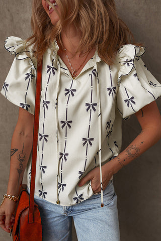 Bow Print Flutter Sleeve Blouse