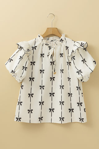 Bow Print Flutter Sleeve Blouse