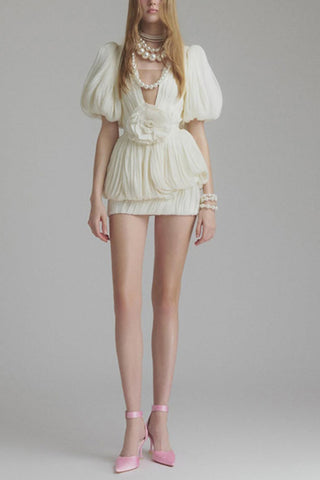 Pleated Puff-Sleeve Mini Evening Dress