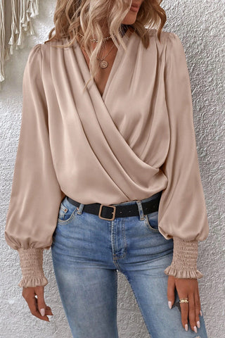 Draped V-Neck Blouse with Statement Sleeves