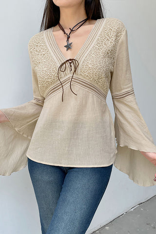 Flowy Lace-Up Long Sleeve Blouse